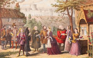 Sir John Falstaff vierailulla ystävänsä Pagen luona Windsorissa, kuvitus Windsorin iloisista vaimoista, The Illustrated Library Shakespeare -julkaisusta, julkaistu Lontoossa 1890 tekijältä George Cruikshank